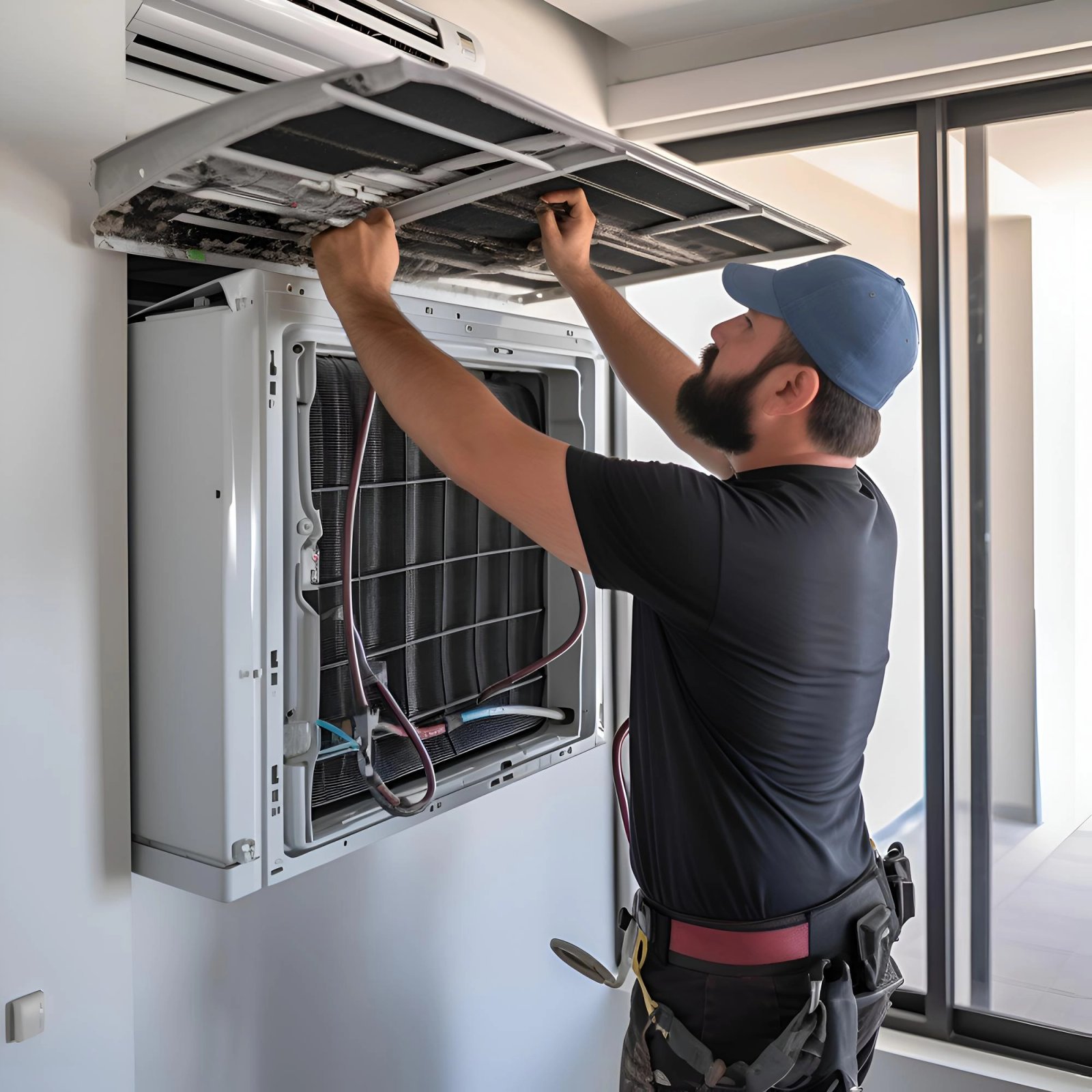 HVAC technician removing the front panel to service a ductless air conditioning unit